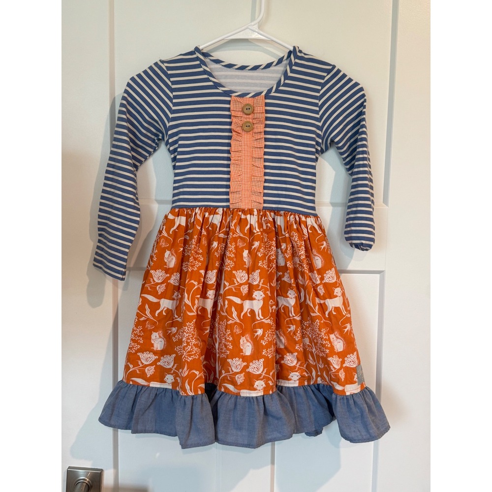 Eleanor Rose Girls Rhonda Woodland Fox Striped Ruffle Dress Orange Blue Size 7-8
